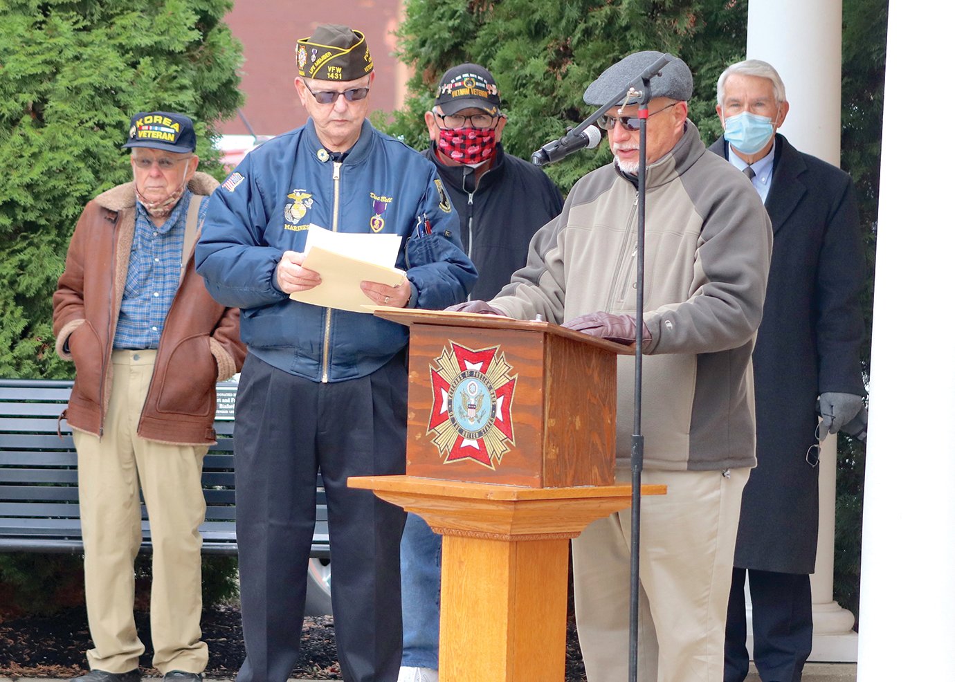 City Council President Andy Biddle delivers the commencement speech Wednesday at Canine Plaza for Crawfordsville's annual Veterans Day ceremony. Biddle delivered the speech on behalf of Mayor Todd Barton, who was unable to attend this year.